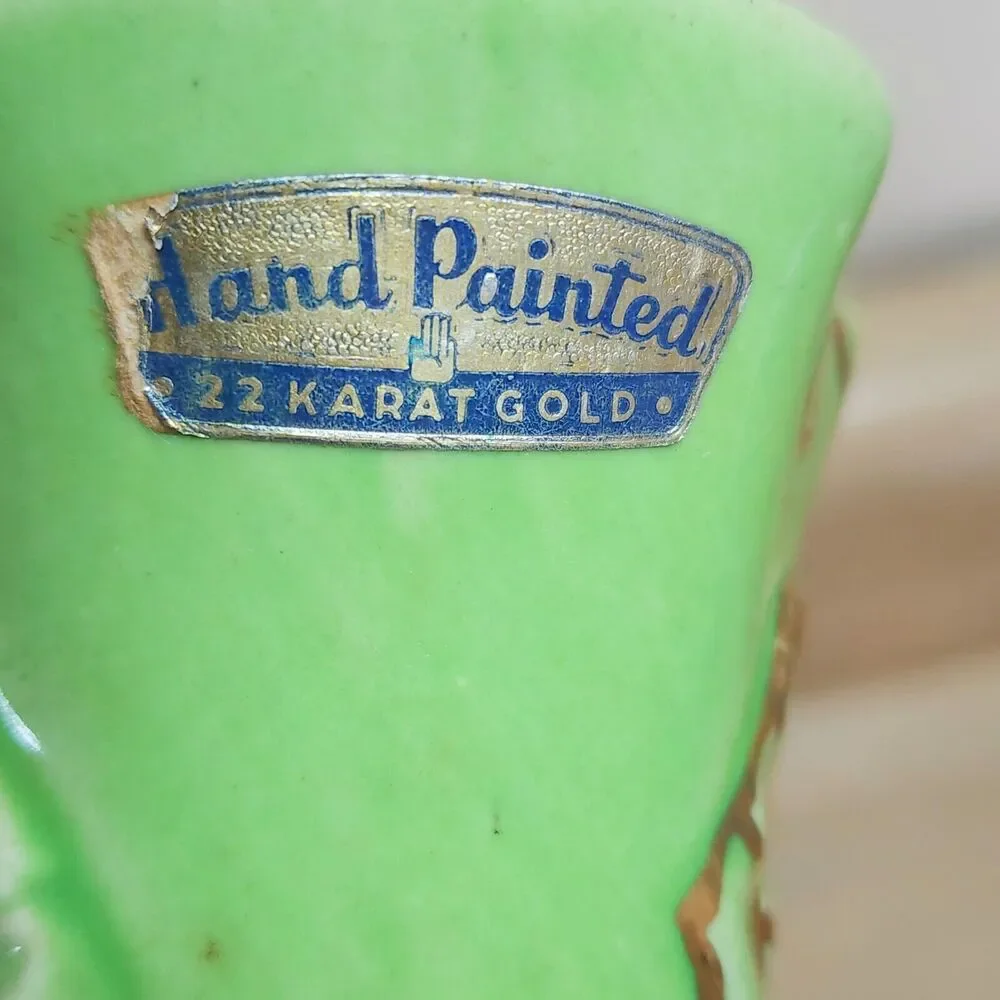Apco American Bisque Green 22 Kt Gold Cornucopia Vase Hand Painted 4 3/4